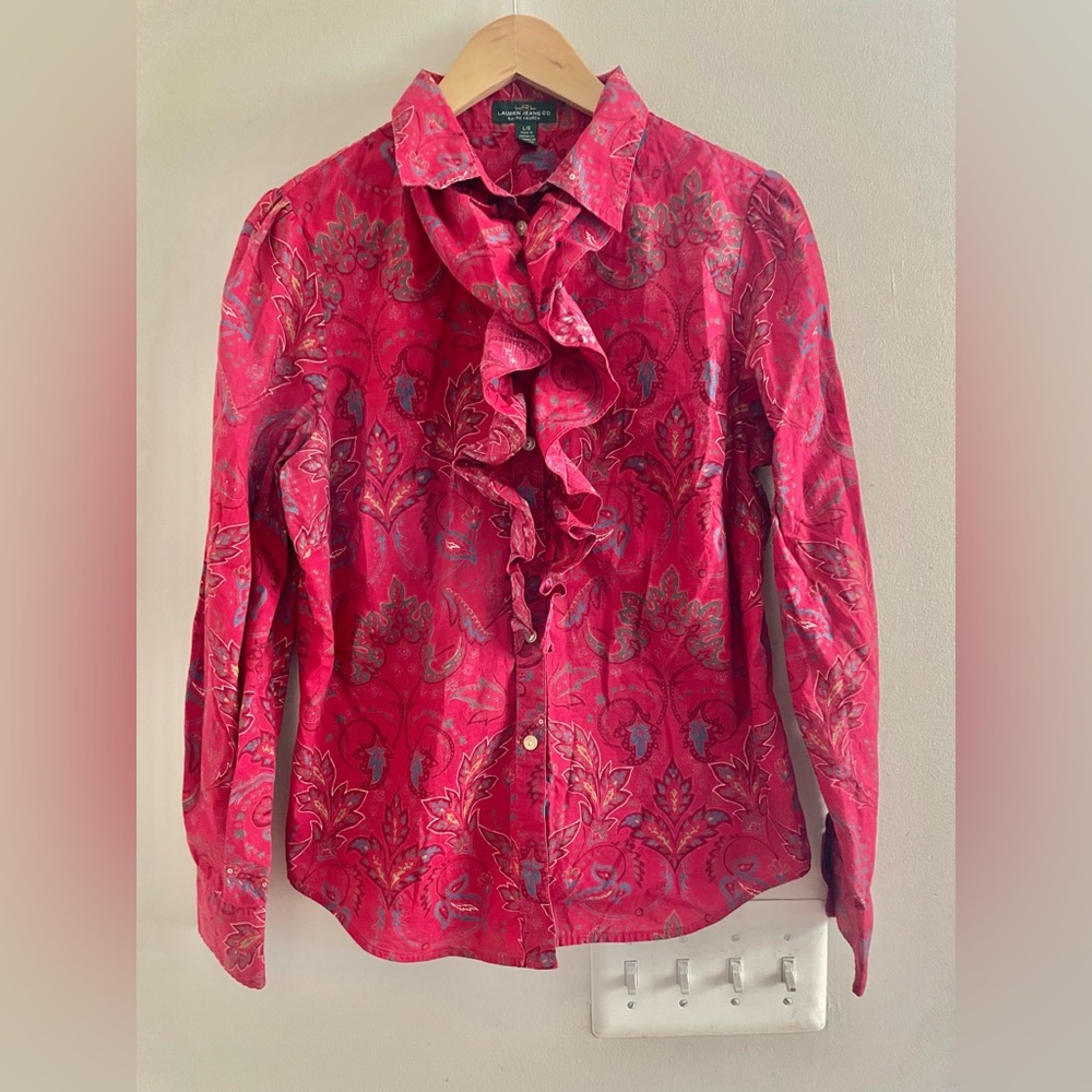 Lauren Ralph Lauren Jeans Company Paisley Red Ruffle Shirt Size Large - EUC